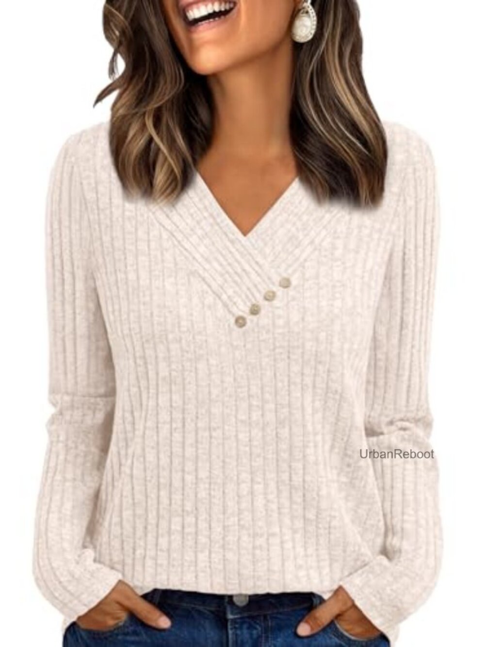 Womens V-Neck Long Sleeve Tunic Sweater Pullover Casual Relaxed Fit